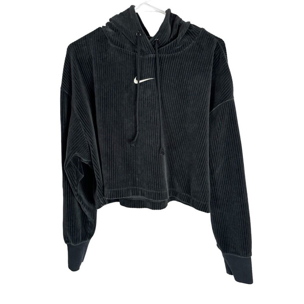 Nike Cropped Hoodie Womens M Black Velour Pullover Boxy Oversized Soft Sporty